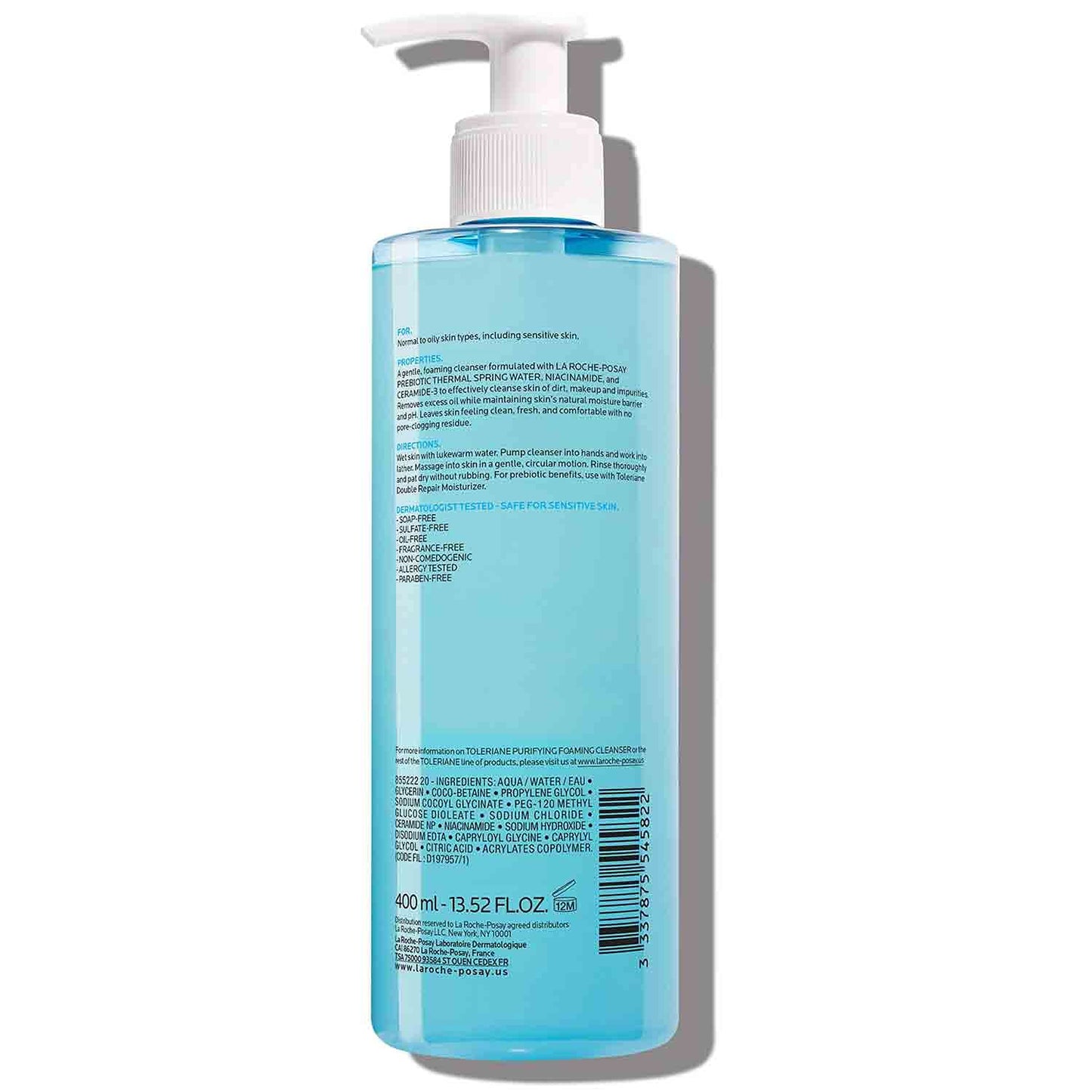 LA ROCHE-POSAY, TOLERIANE LIMPIADOR FACIAL, PURIFICADOR EN ESPUMA PARA PIEL NORMAL A GRASA Y SENSIBLE