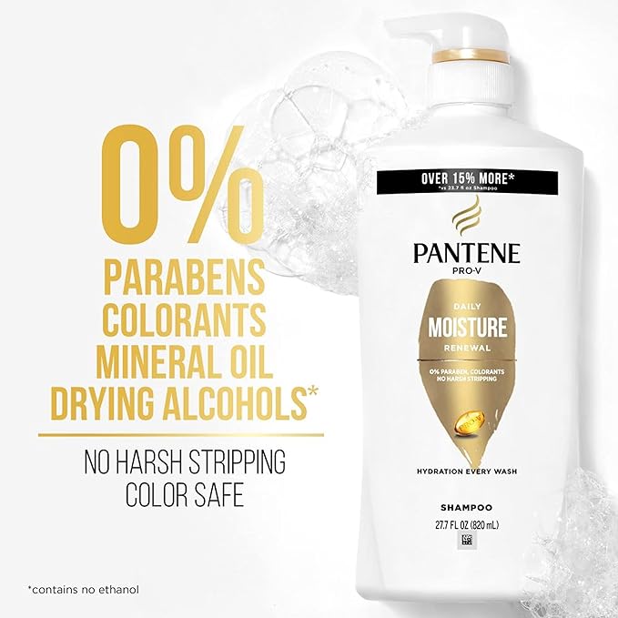PANTENE CHAMPÚ PARA EL CABELLO, RENOVACIÓN DIARIA DE HUMEDAD PARA CABELLO SECO, SEGURO PARA CABELLO TEÑIDO 820ml