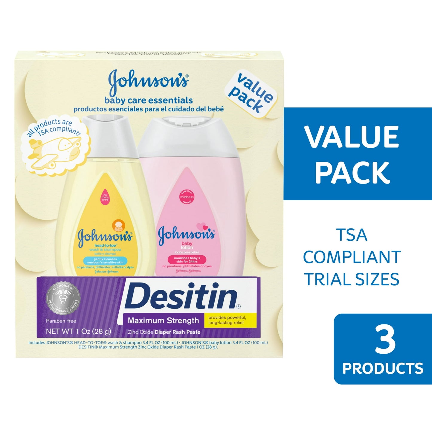 JOHNSON'S BABY CARE ESSENTIALS SET DE REGALO, TAMAÑO DE VIAJE, 3 ARTÍCULOS