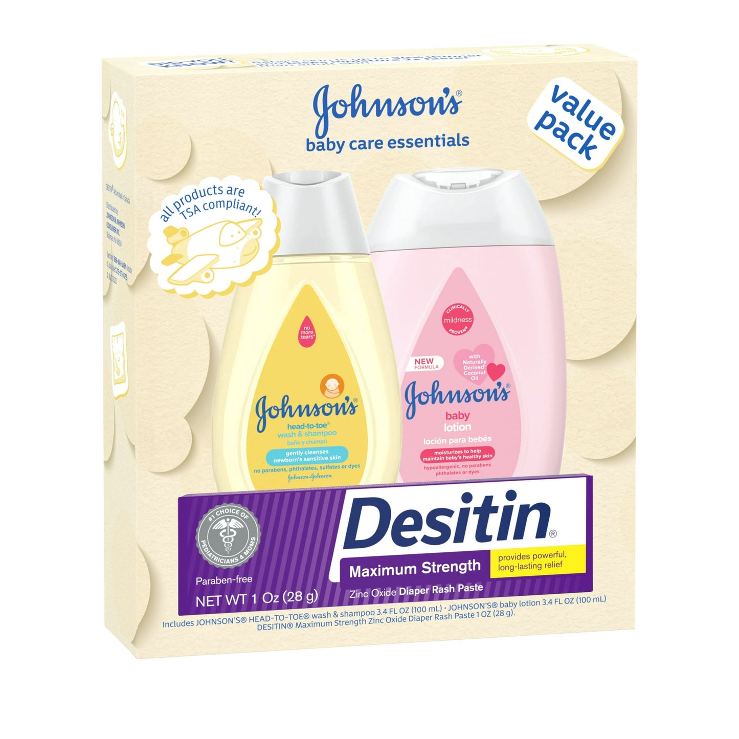 JOHNSON'S BABY CARE ESSENTIALS SET DE REGALO, TAMAÑO DE VIAJE, 3 ARTÍCULOS