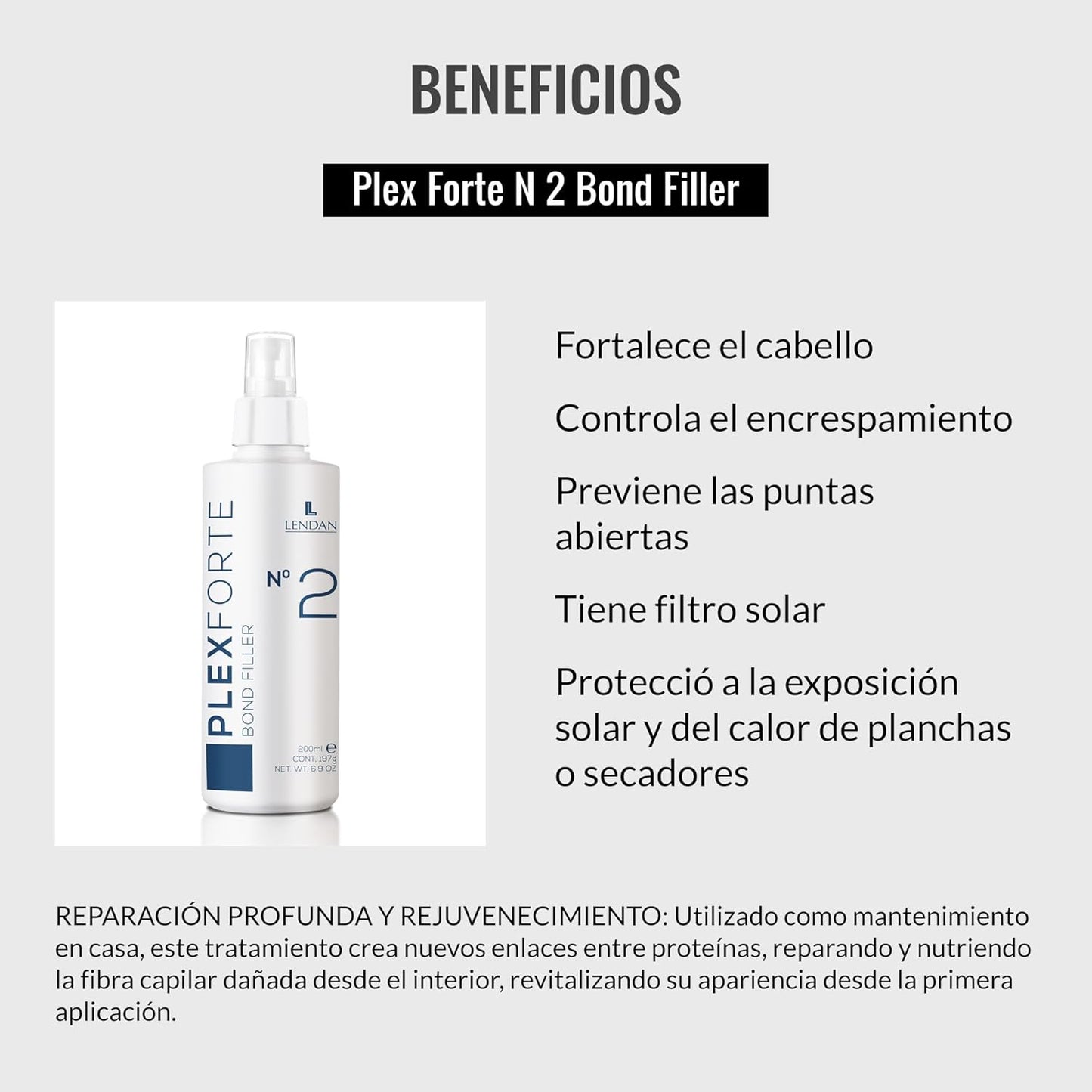 LENDAN PLEX FORTE Nº 2 BOND FILLER TRATAMIENTO REPARADOR DE CABELLO DAÑADO, FORTALECE Y NUTRE, PROTECCIÓN DEL COLOR Y ESCUDO TÉRMICO 200ML